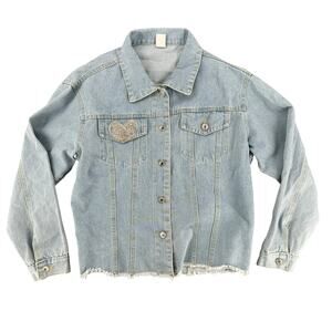 Aimeite Y2K Raw Hem Rhinestone Heart Baseball Medium Denim Jacket Shacket